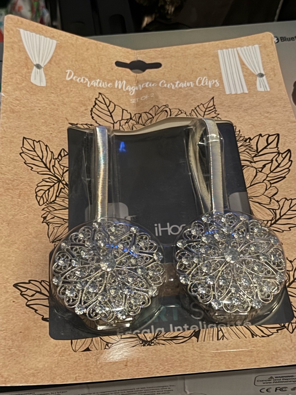 iHome Silver Crystal Floral Magnetic Curtain Clips - Set of 2